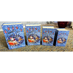 4 Stackable Vintage Santa Christmas Faux Book Boxes 6.5" x 4.5" New Naughty Nice